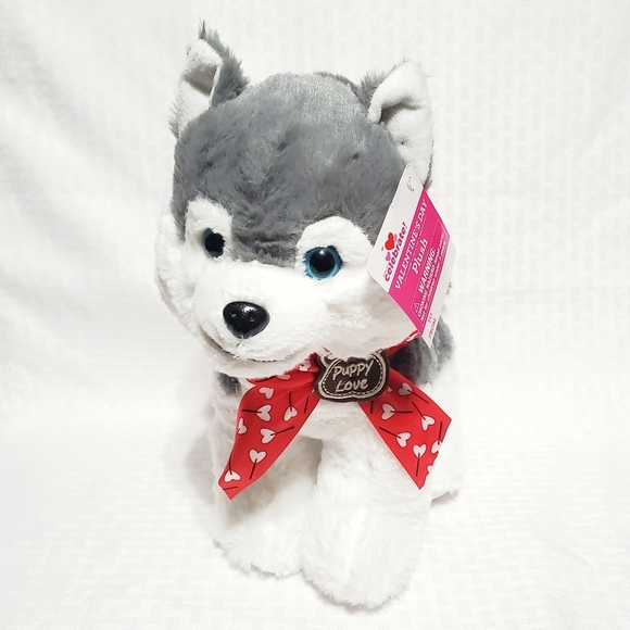 Walmart Hug Fun Siberian Husky Plush Puppy Love Grey Dog Heart Bow Stuffed 12". - Picture 3 of 13